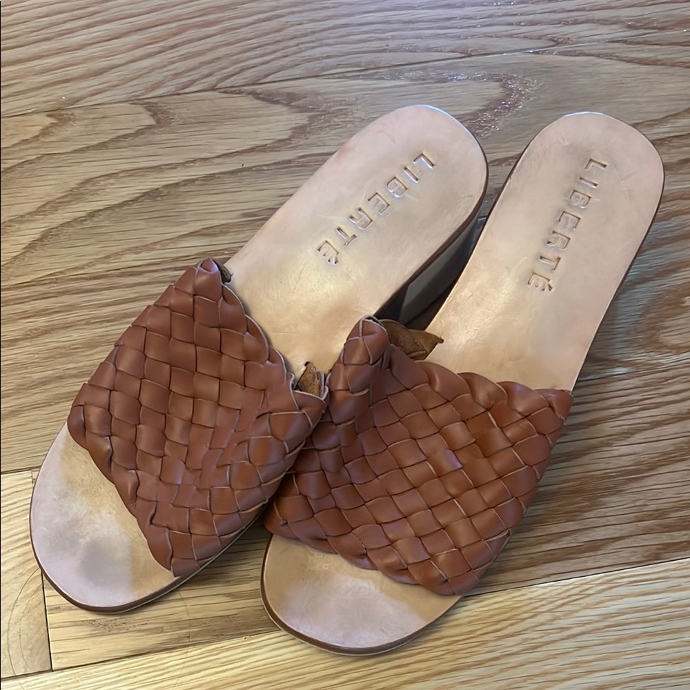 Women's Brown Leather Woven Slide Sandals